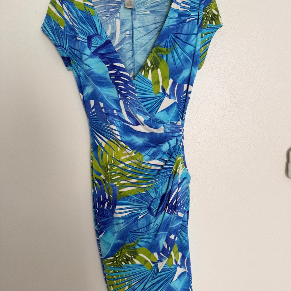 Cache Blue and Green Leaf Print Midi Dress